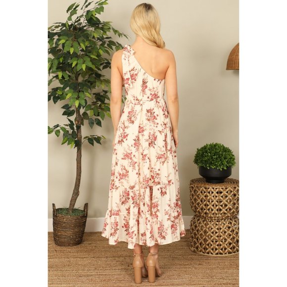 Olivaceous Cream Floral One Shoulder Tie Detail Tiered Midi Dress NEW - Picture 4 of 6